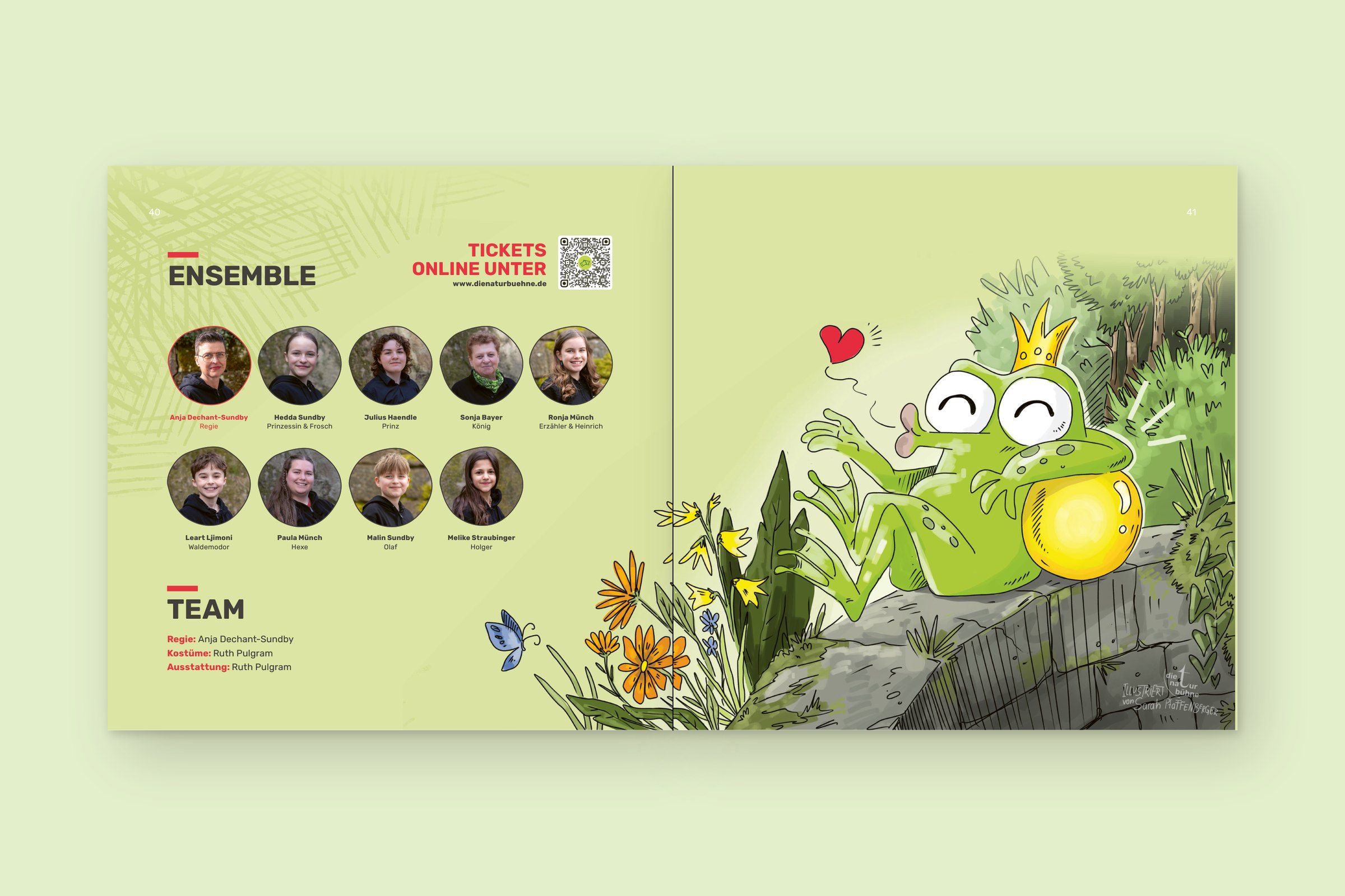 Hellgrüne Doppelseite mit Ensemblefotos und illustriertem Froschkönig