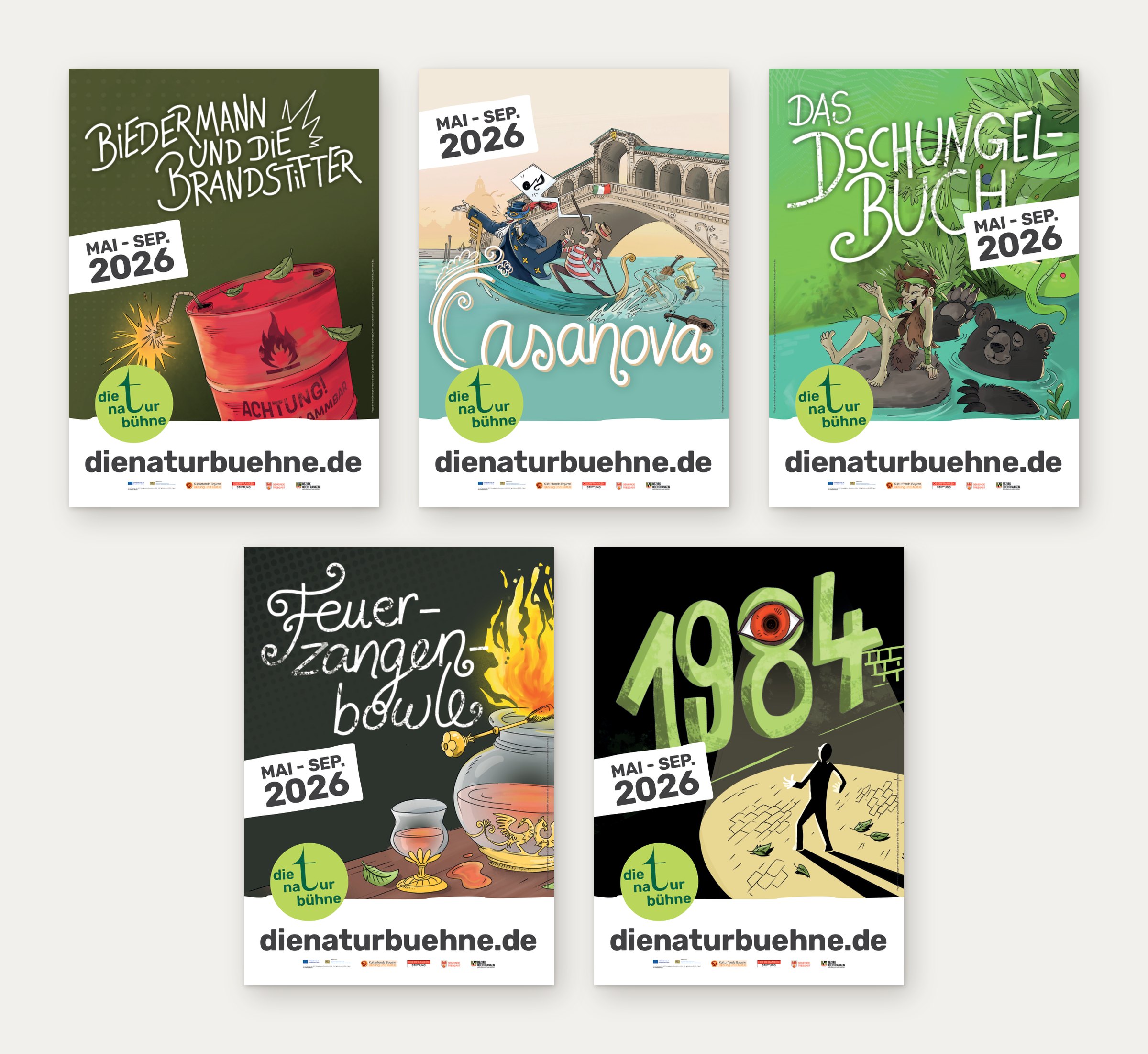 Fünf illustrierte Plakate: Biedermann und die Brandstifter, Casanova, Das Dschungelbuch, Feuerzangenbowle, 1984