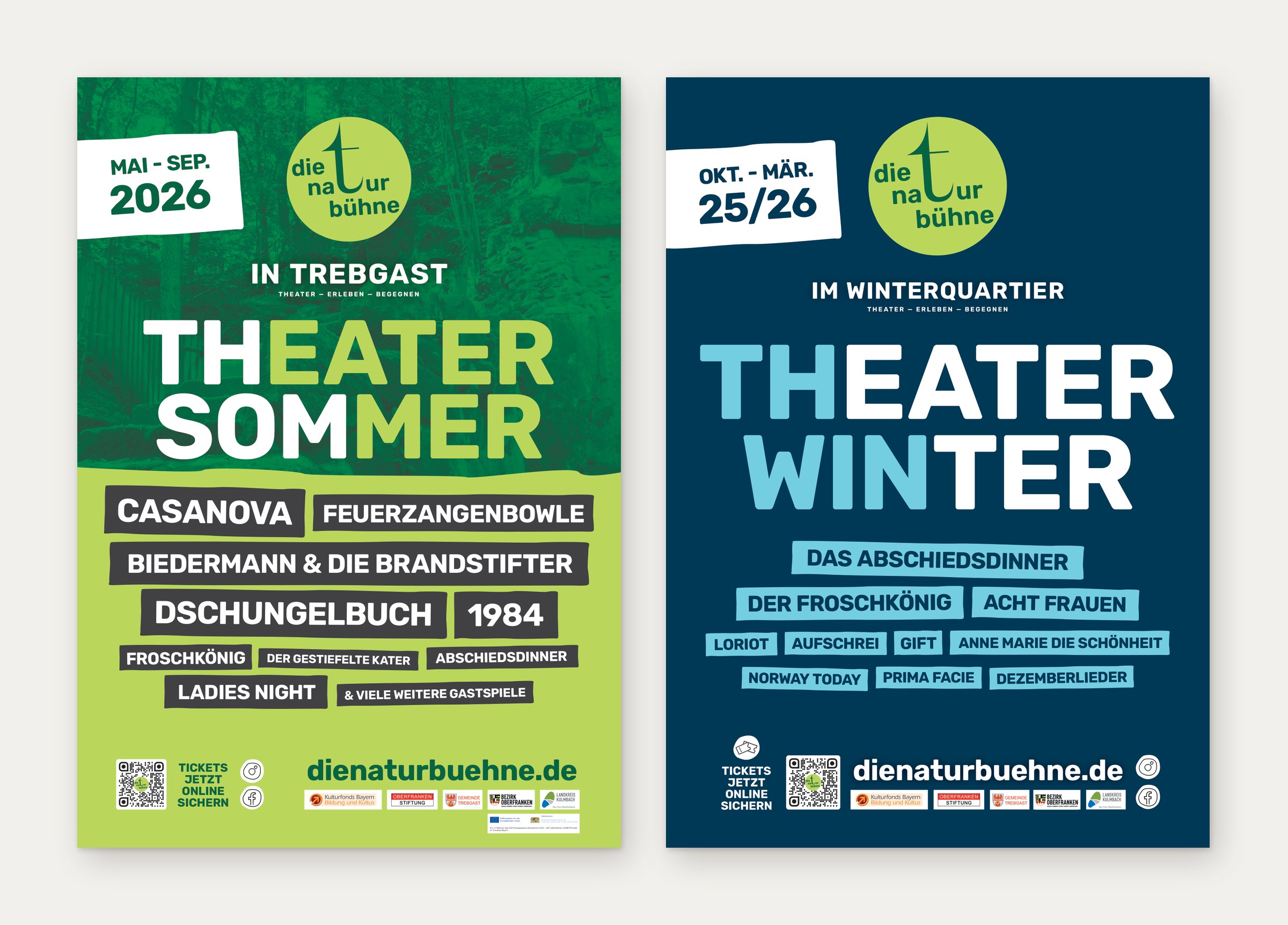 Zwei A1-Plakate: Theatersommer 2026 in Grün und Theaterwinter 2025/26 in Dunkelblau mit allen Stücken
