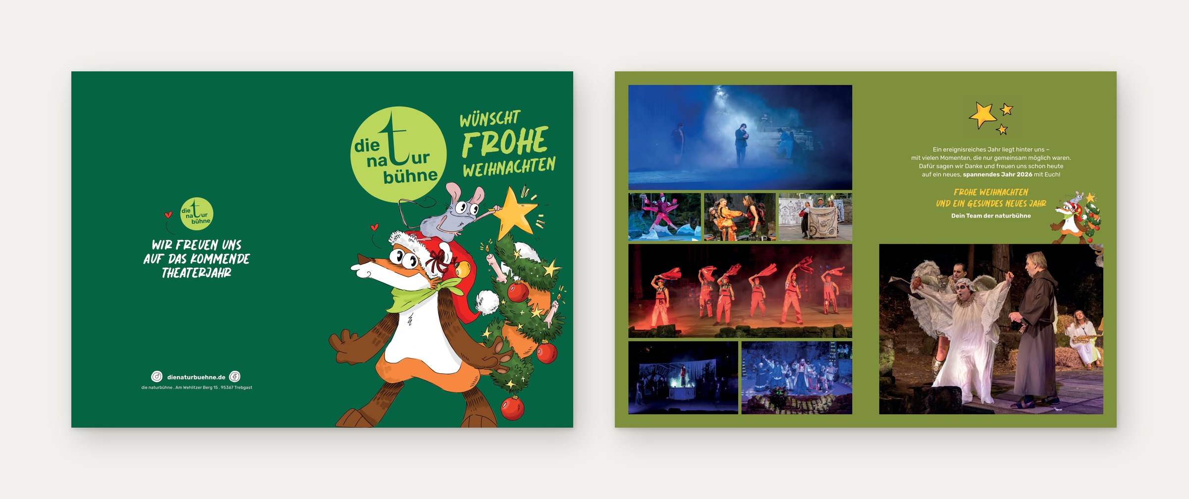 Grüne Klappkarte mit illustriertem Fuchs am Weihnachtsbaum, innen Szenenfotos