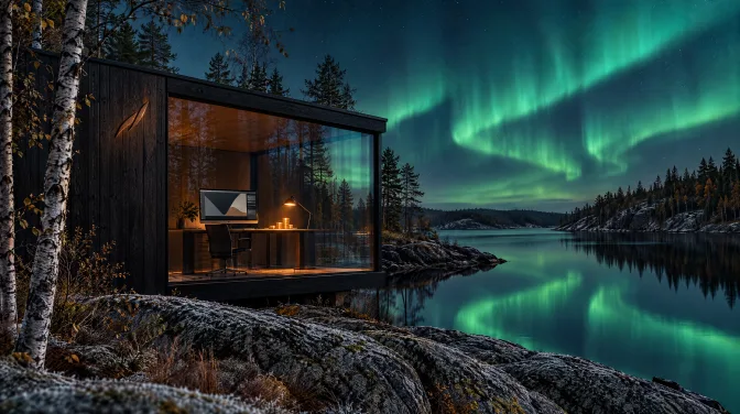 Moderne Holz-Glas-Kabine am Seeufer bei Nacht, drinnen ein Arbeitsplatz mit Bildschirm, darüber Polarlicht, das sich im Wasser spiegelt