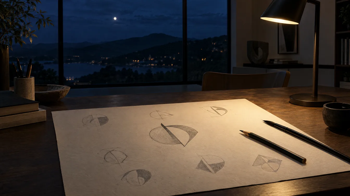 Bleistiftskizzen geometrischer Bildzeichen auf einem Schreibtisch unter einer Lampe, im Fenster eine nächtliche Hügellandschaft