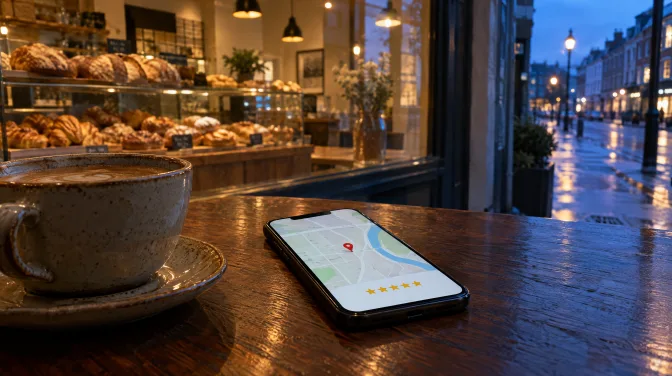 Smartphone mit Kartenansicht, Standortmarkierung und fünf Sternen auf dem Tresen einer Bäckerei am Abend, daneben eine Kaffeetasse