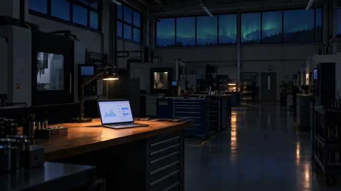 Laptop mit Diagramm und Chatfenster auf einer Werkbank in einer nächtlichen Produktionshalle, durch die Oberlichter ist Polarlicht zu sehen