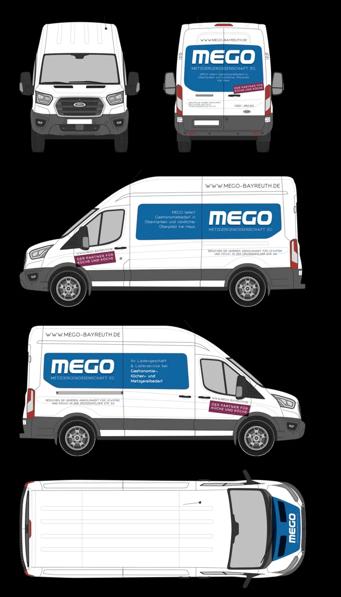 Entwurf Ford Transit der Metzgergenossenschaft, vier Ansichten