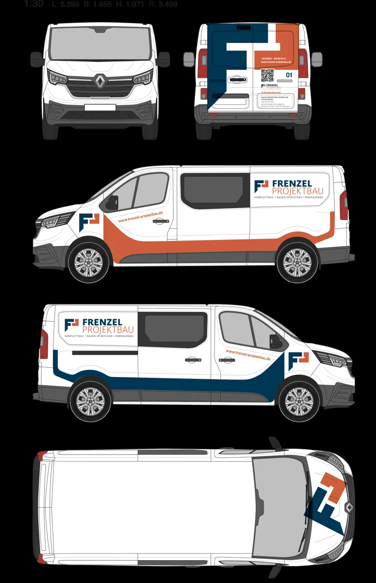 Entwurf Renault-Transporter Frenzel Projektbau, vier Ansichten