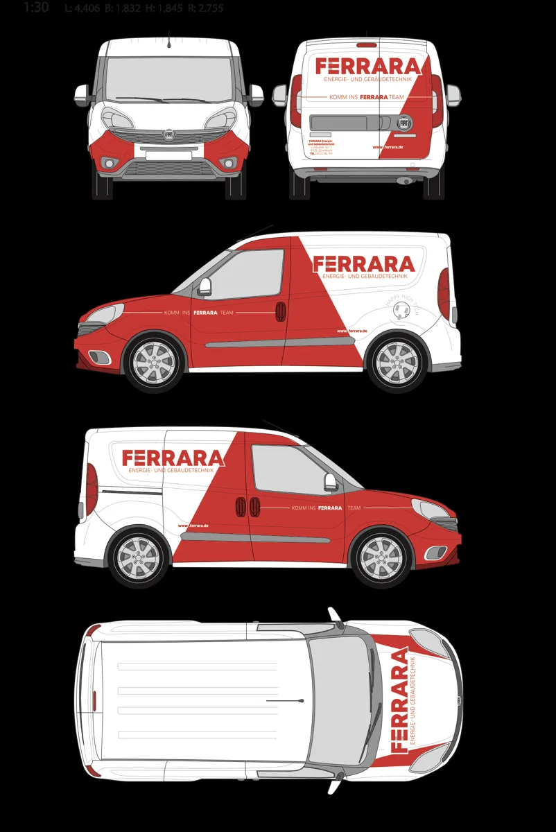 Entwurf Fiat-Lieferwagen Ferrara, vier Ansichten