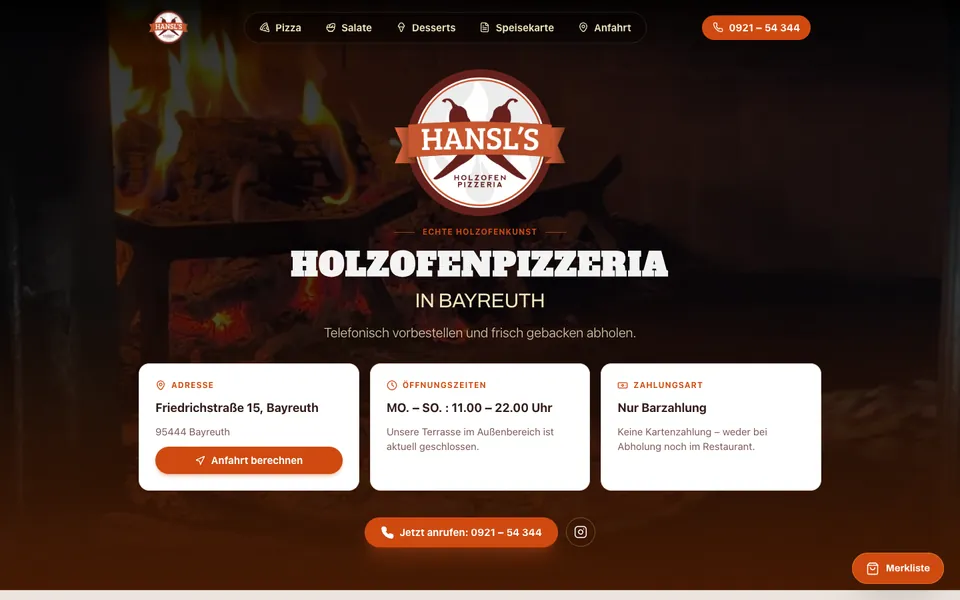 Startseite von hansls-holzofenpizzeria.de