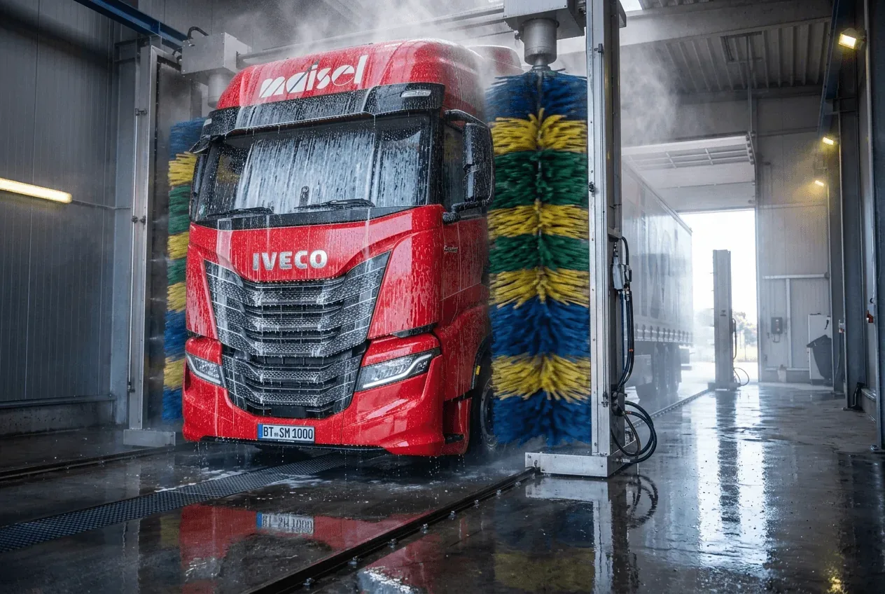 Rote IVECO-Zugmaschine von Maisel in der LKW-Waschanlage Jumbo Wash, KI-generiertes Bild