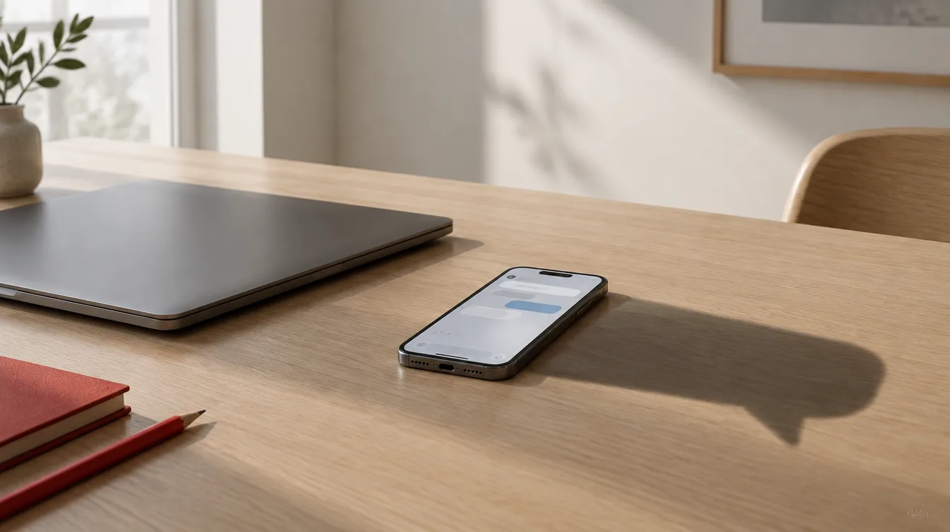 Schreibtisch im Tageslicht mit geschlossenem Laptop und Smartphone, dessen Schatten die Form einer Sprechblase hat