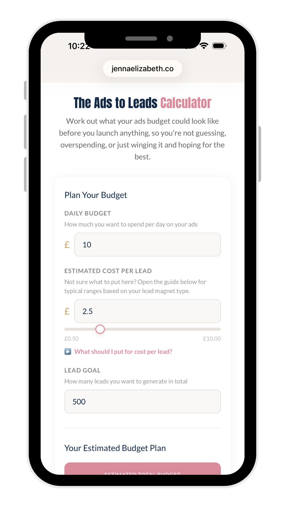 The calculator's inputs: daily budget, cost per lead and lead goal