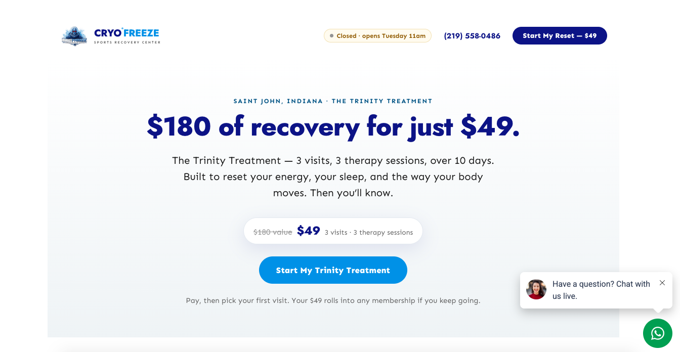 CryoFreeze 10-Day Reset landing page after the rebuild