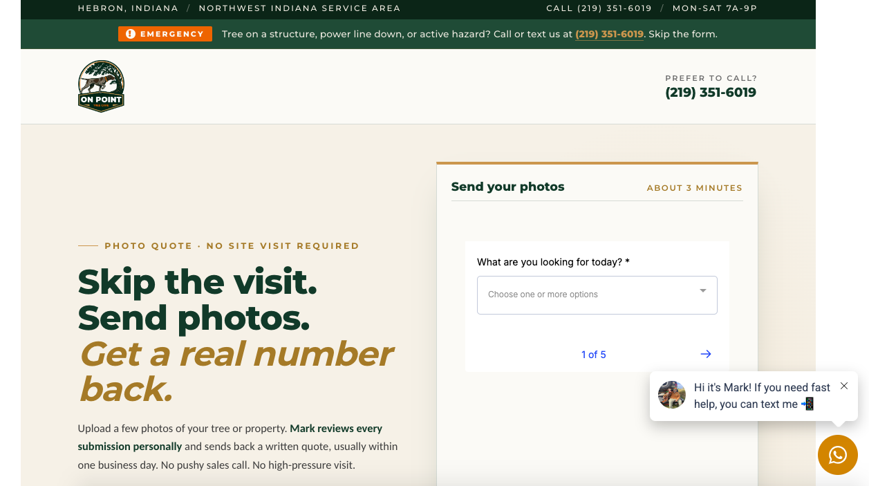 On Point Tree Care estimate request page