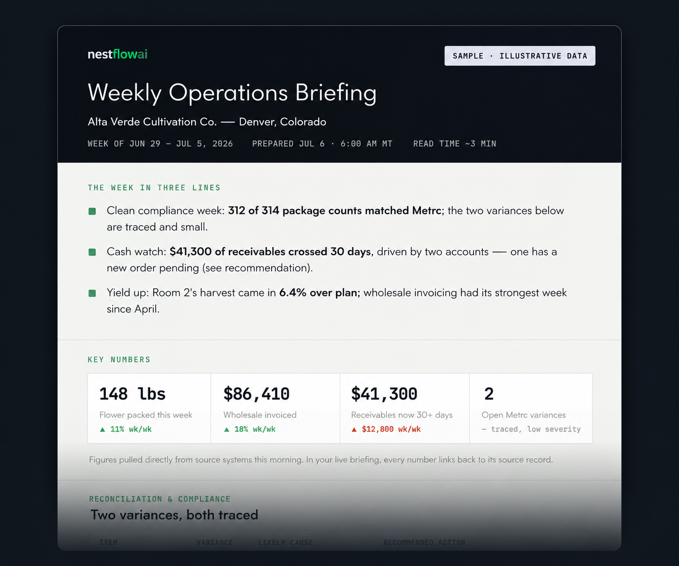 Sample Nestflow AI weekly operations briefing report