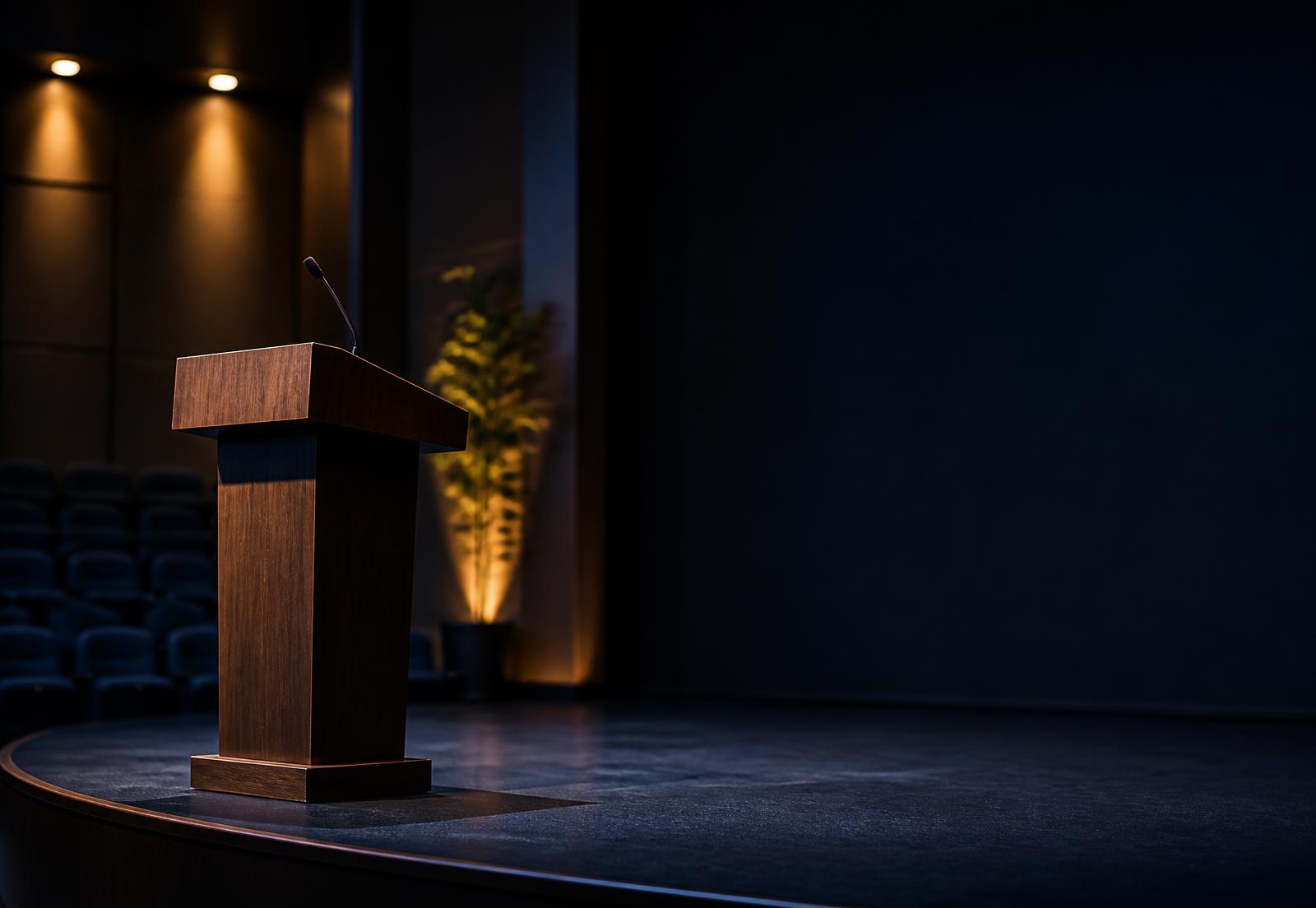 Conference stage with podium under warm spotlights
