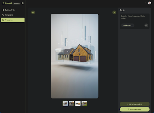 Modern residential house mockup with floating effect, featuring a two-story home with garage against a futuristic city skyline background.