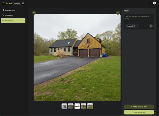 3D architectural render of a modern two-story suburban home with garage and minimalist cityscape backdrop.