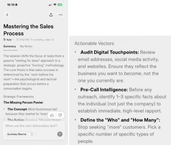 A mobile app interface showing a summary of a workshop titled "Mastering the Sales Process." The text describes a shift from passive to proactive sales "hunting." To the right, a highlighted section titled "Actionable Vectors" lists three key strategies: auditing digital touchpoints to reflect future business goals, gathering 1-3 specific facts for pre-call intelligence, and defining specific customer counts and types rather than seeking "more" customers.