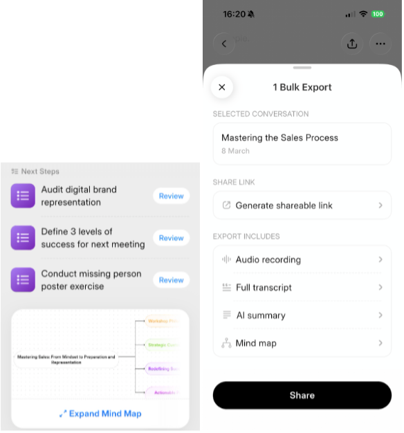 Mobile app interface showing a 'Mastering the Sales Process' workshop summary with actionable next steps, an interactive mind map, and a bulk export menu for audio recordings and AI transcripts.