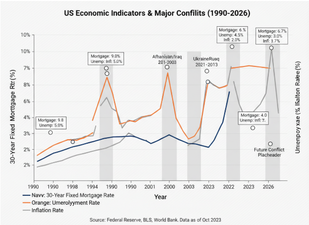 Line graph showing US Economic Indicators and Major Conflicts from 1990 to 2026. Data includes 30-Year Fixed Mortgage Rates, Unemployment Rates, and Inflation Rates overlaid with historical conflict periods like Afghanistan, Iraq, and Ukraine. Line graph showing US Economic Indicators and Major Conflicts from 1990 to 2026. Data includes 30-Year Fixed Mortgage Rates, Unemployment Rates, and Inflation Rates overlaid with historical conflict periods like Afghanistan, Iraq, and Ukraine.