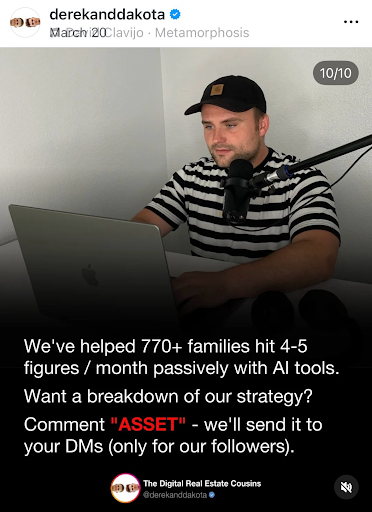 Man using laptop and microphone promoting AI tools, passive income, and Digital Real Estate business strategy.