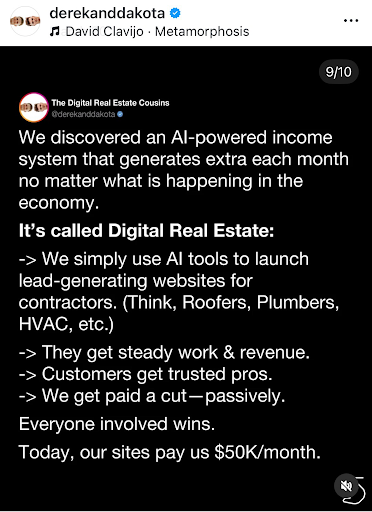 Instagram graphic explaining AI-powered Digital Real Estate, passive income, and lead generation websites for contractors.