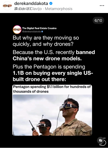 Military drone technology post discussing Pentagon drone spending and U.S. ban on Chinese drone models.