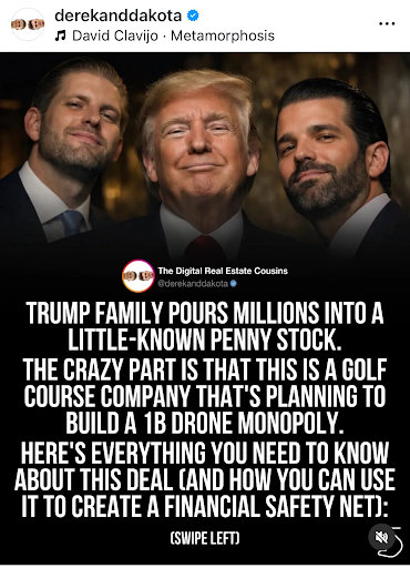 Donald Trump with Eric Trump and Donald Trump Jr. promoting investment news about penny stocks, drone technology, and financial opportunities.
