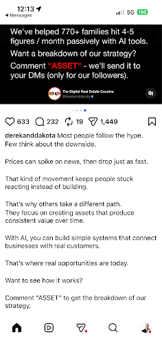 Instagram post discussing investment trends, AI business opportunities, passive income, and digital real estate strategy.
