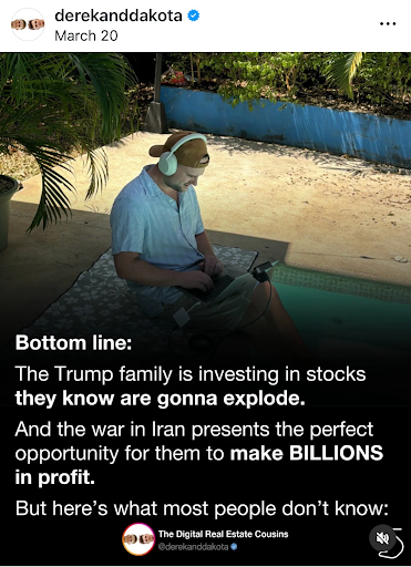Man working poolside with caption about Trump family stock investments, AI income, and financial opportunities.