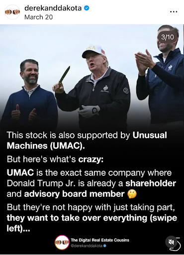Donald Trump with Eric Trump and Donald Trump Jr. discussing UMAC drone stock investment and shareholder news.