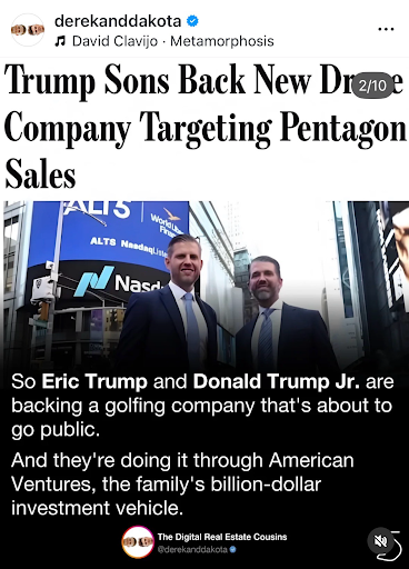 Instagram post about Eric Trump and Donald Trump Jr. backing a drone and defense technology company targeting Pentagon sales through American Ventures investment.