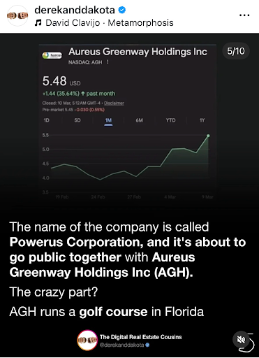 Stock market graphic showing Powers Corporation and Aureus Greenway Holdings merger linked to Trump-backed drone business.