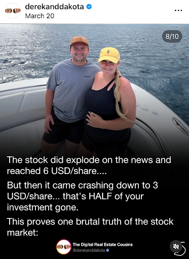 Couple on a boat discussing stock market volatility, investment risks, and rapid share price changes.