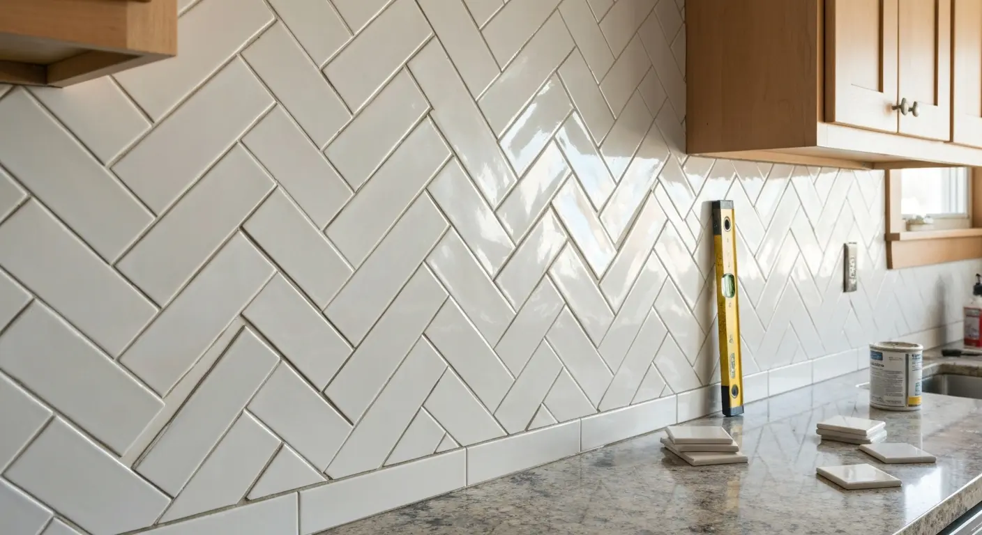 Herringbone tile pattern kitchen backsplash