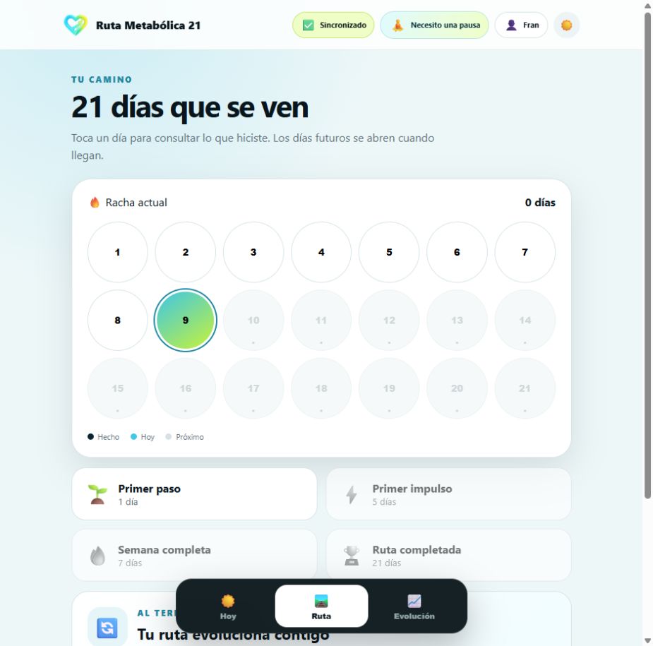 Pantalla real de la ruta con el calendario de 21 días y el día actual destacado