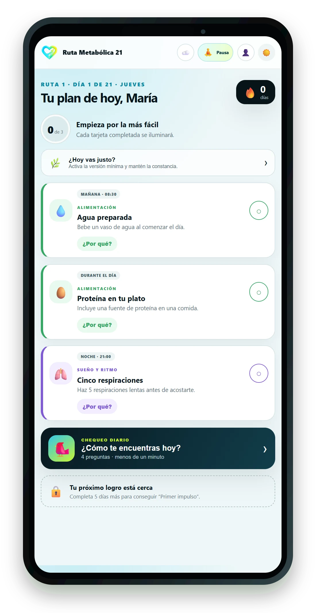 Pantalla real de Ruta Metabólica 21 con las tres acciones del día