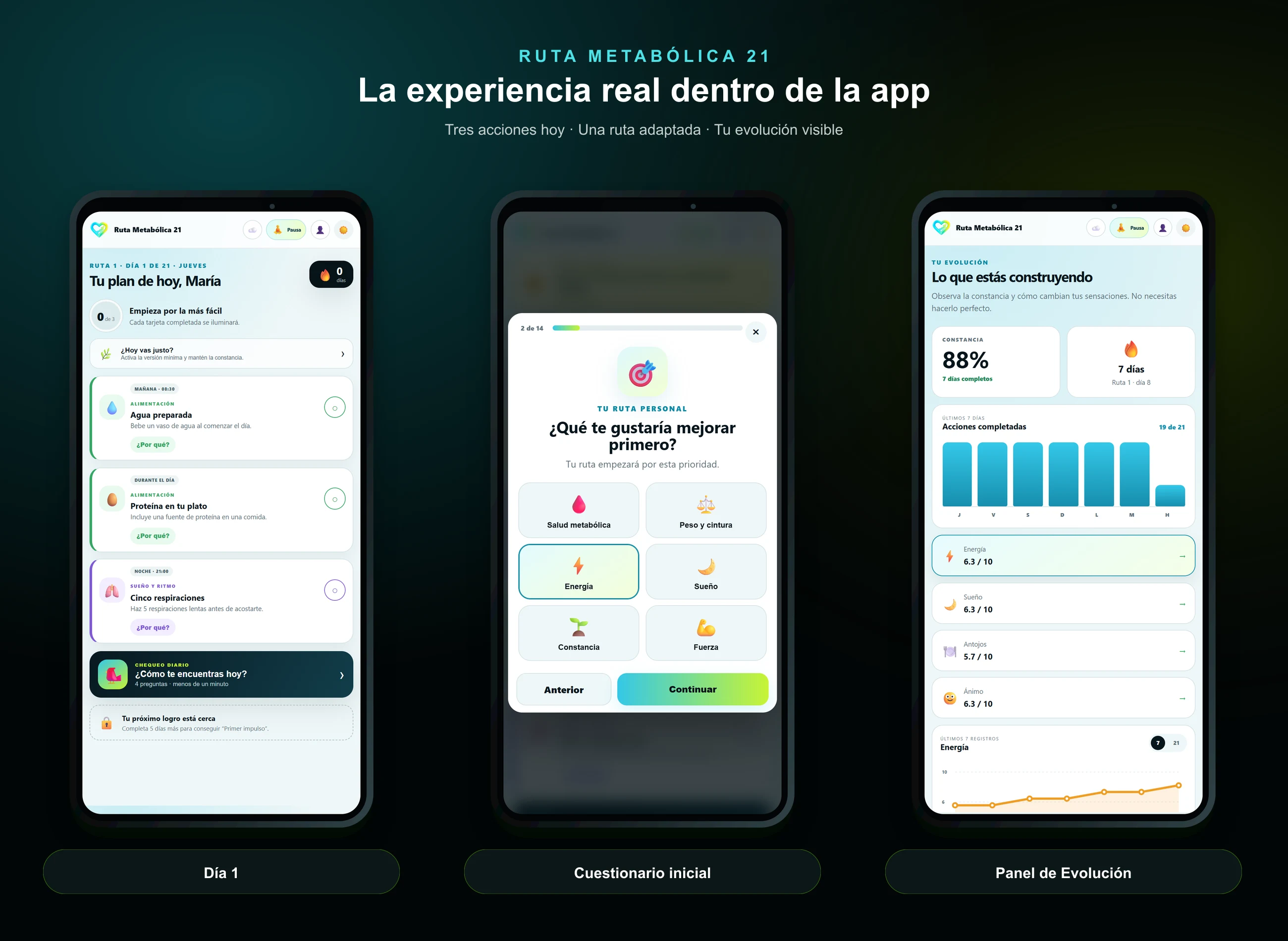 Composición de tres pantallas de Ruta Metabólica 21: día, cuestionario y evolución