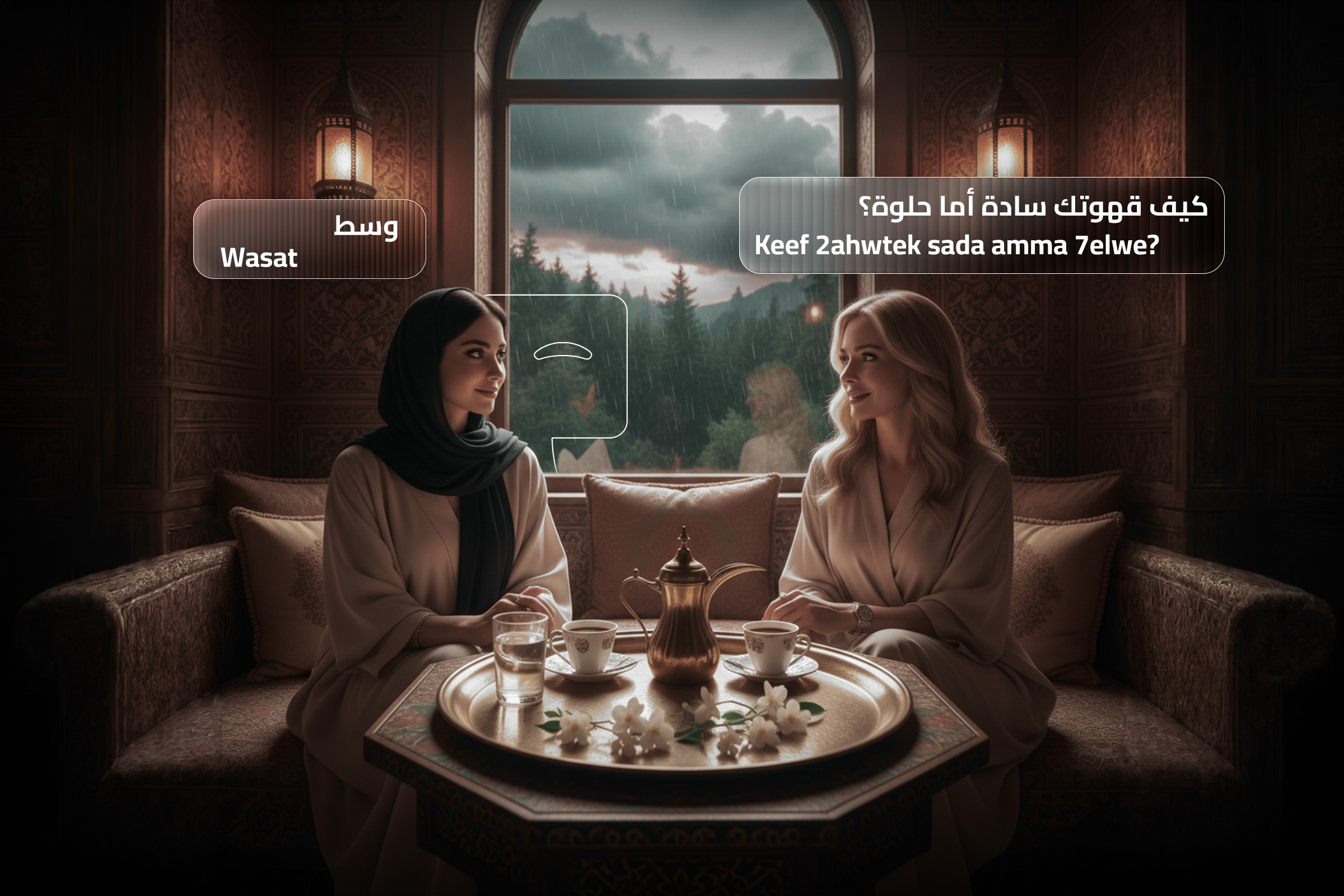 Two women sharing Arabic coffee indoors on a rainy day, symbolizing Middle Eastern hospitality and conversation. Two women sharing Arabic coffee indoors on a rainy day, symbolizing Middle Eastern hospitality and conversation.