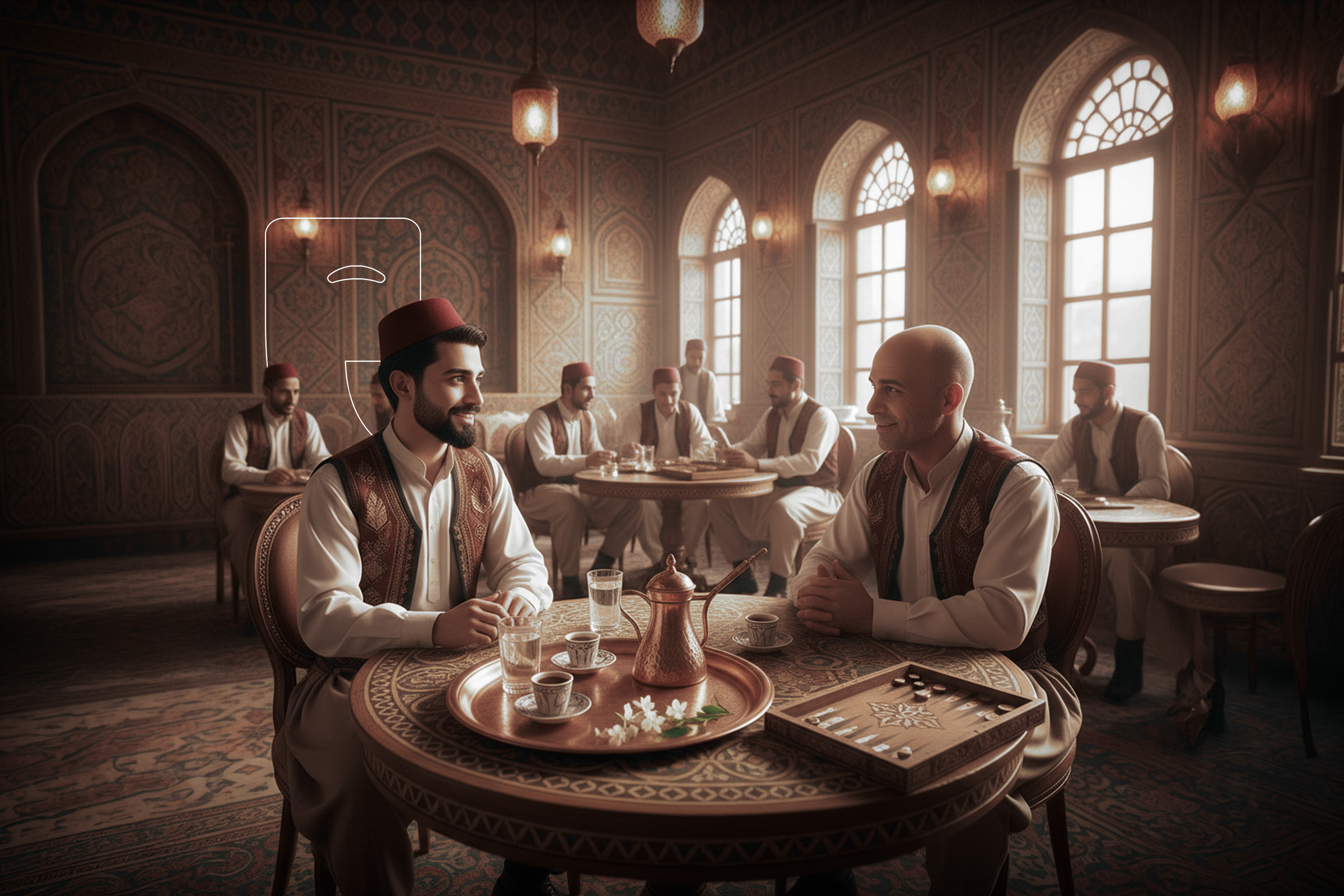 Men in a traditional Syrian café drinking Arabic coffee and talking, illustrating Levantine social culture and spoken Arabic in daily life. Men in a traditional Syrian café drinking Arabic coffee and talking, illustrating Levantine social culture and spoken Arabic in daily life.