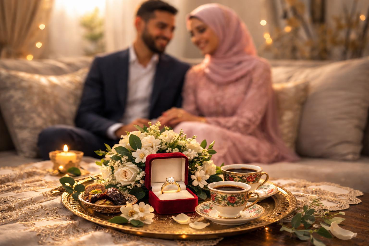 Engagement celebration with Arabic coffee cups, engagement ring box, dates, and flowers on a golden tray, capturing the significance of coffee in engagement ceremonies and romantic occasions. Engagement celebration with Arabic coffee cups, engagement ring box, dates, and flowers on a golden tray, capturing the significance of coffee in engagement ceremonies and romantic occasions.