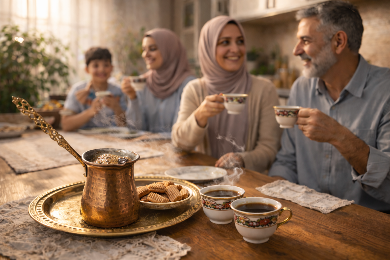 Syrian family enjoying their morning coffee ritual in a sunlit kitchen, with a copper cezve, steaming coffee cups, coffee-flavored cookies, and a warm, cozy atmosphere, capturing the essence of family bonding over coffee. Syrian family enjoying their morning coffee ritual in a sunlit kitchen, with a copper cezve, steaming coffee cups, coffee-flavored cookies, and a warm, cozy atmosphere, capturing the essence of family bonding over coffee.