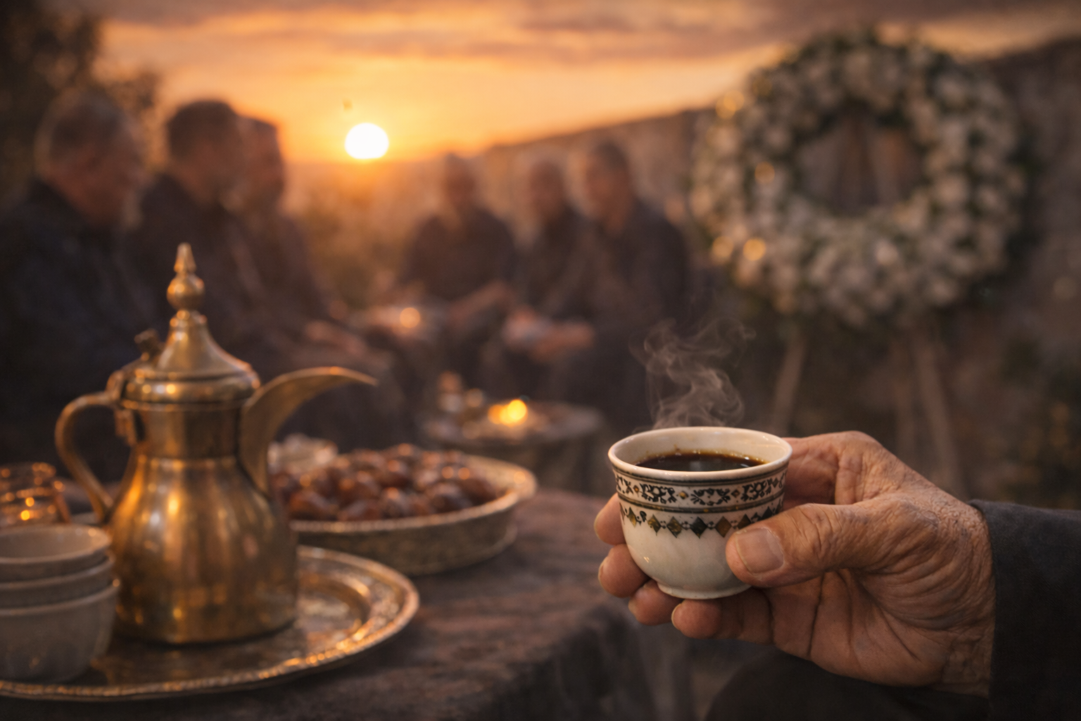 An elderly hand holding a traditional Arabic coffee cup, symbolizing the cultural importance of plain coffee in condolence gatherings. Mourners in dark attire gather outdoors during sunset, with a brass dallah and dates, highlighting solidarity in times of grief. An elderly hand holding a traditional Arabic coffee cup, symbolizing the cultural importance of plain coffee in condolence gatherings. Mourners in dark attire gather outdoors during sunset, with a brass dallah and dates, highlighting solidarity in times of grief.