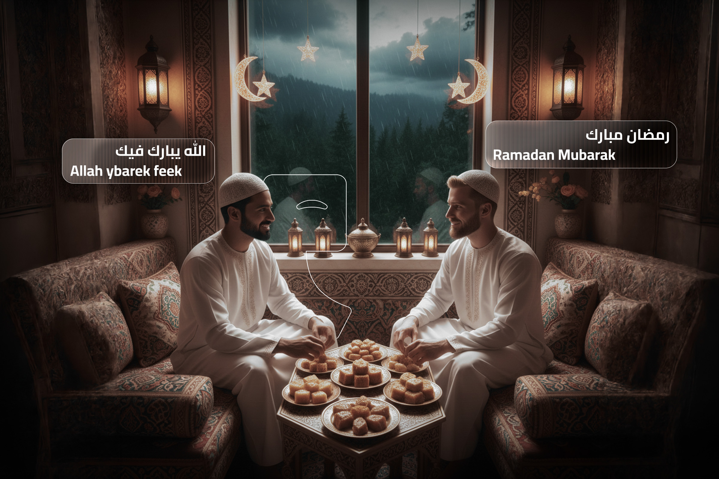 Two Muslim men exchanging Ramadan Mubarak greetings in Arabic, sitting together with traditional sweets and lanterns during Ramadan night.