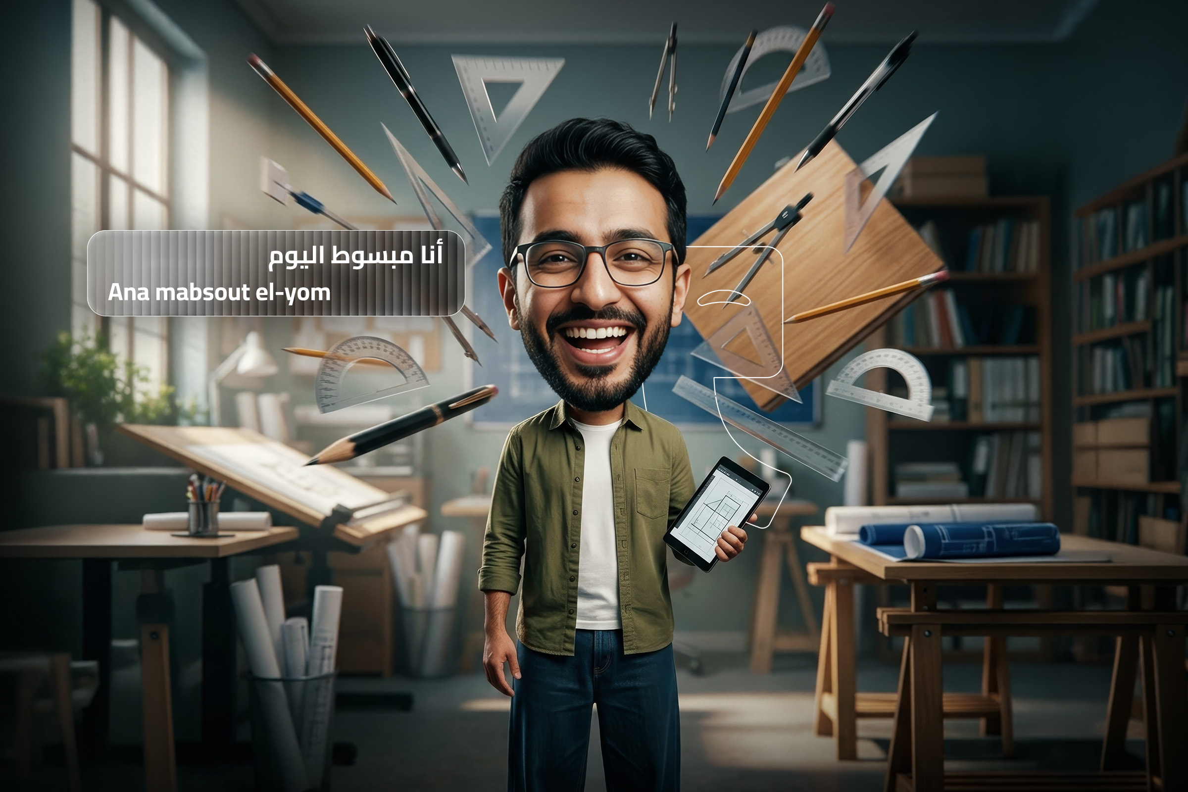 Illustration of a happy architecture student after finishing his graduation project, with the Syrian Arabic phrase “Ana mabsout el-yom”.