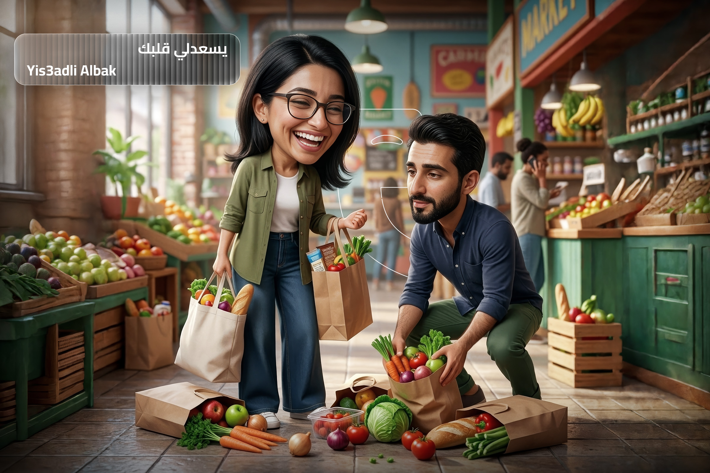 A man helping a woman pick up groceries at a local market while she smiles, illustrating the Syrian Arabic phrase "Yis3adli Albak" meaning you make my heart happy.
