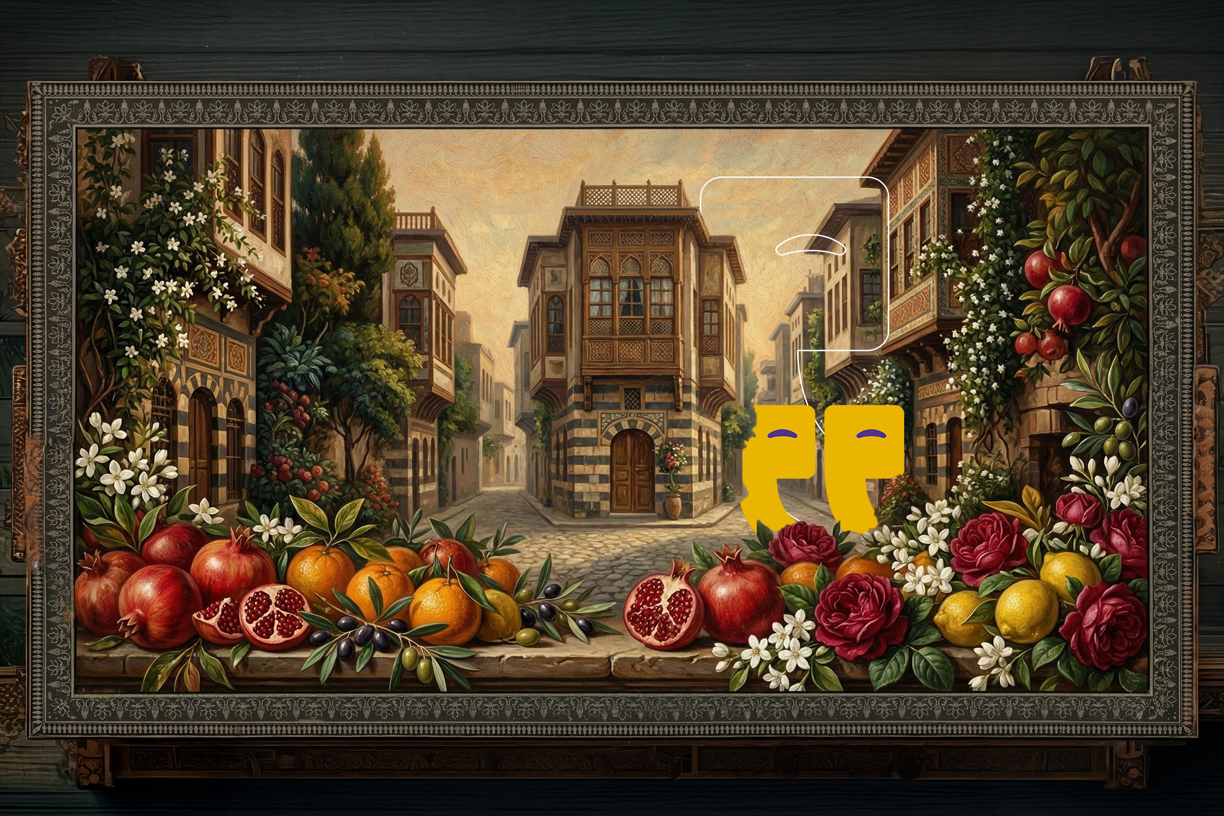 Traditional Old Damascus street with historic Syrian architecture, flowers, and fruits representing Syrian culture and the inspiration behind Syrian poetry. Traditional Old Damascus street with historic Syrian architecture, flowers, and fruits representing Syrian culture and the inspiration behind Syrian poetry.