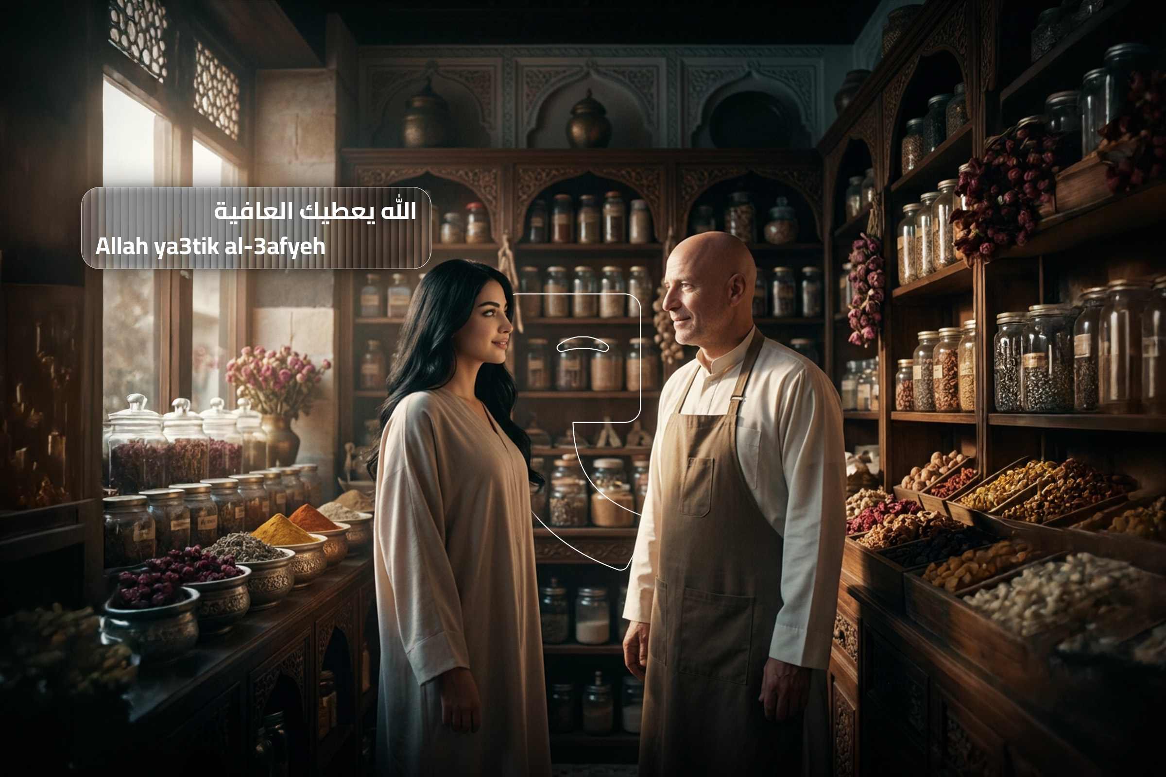 Arabic phrase 'Allah ya3tik al-3afiyah' meaning 'God bless you' displayed in a traditional shop setting with warm cultural vibes. Arabic phrase 'Allah ya3tik al-3afiyah' meaning 'God bless you' displayed in a traditional shop setting with warm cultural vibes.