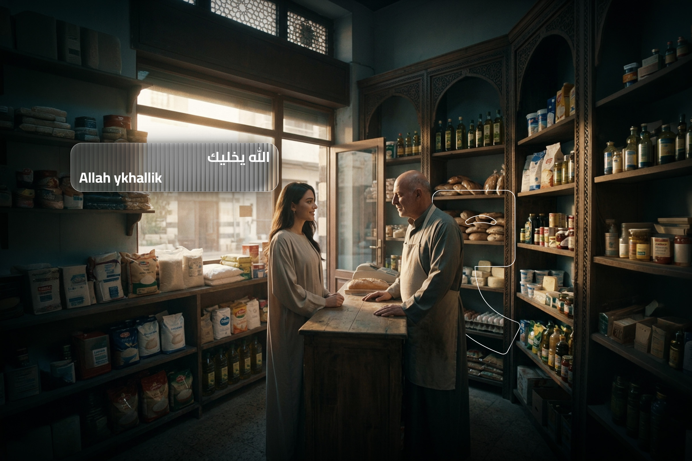 Arabic phrase 'Allah ykhallik' meaning 'May God protect you' displayed in a traditional shop setting, reflecting warmth and kindness. Arabic phrase 'Allah ykhallik' meaning 'May God protect you' displayed in a traditional shop setting, reflecting warmth and kindness.