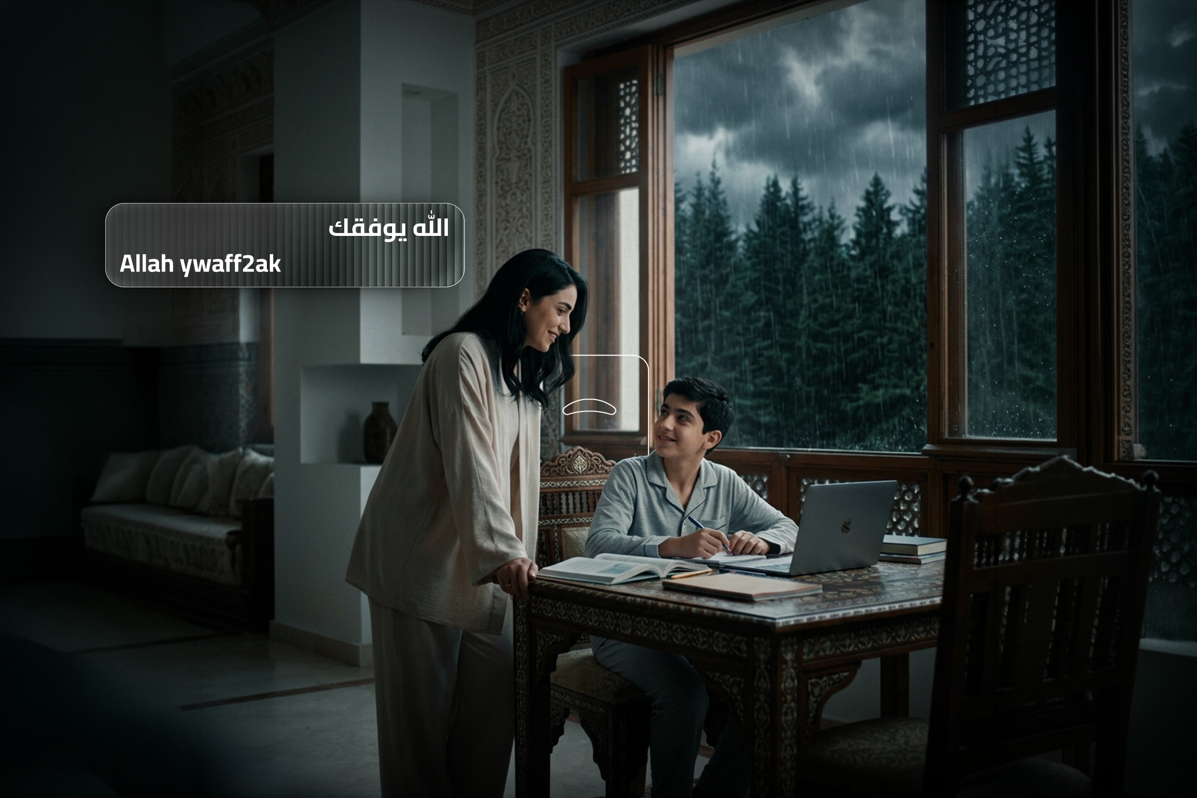 Arabic phrase 'Allah ywaff2ak' meaning 'God bless you with success' displayed in a cozy indoor setting with a mother and son studying. Arabic phrase 'Allah ywaff2ak' meaning 'God bless you with success' displayed in a cozy indoor setting with a mother and son studying.